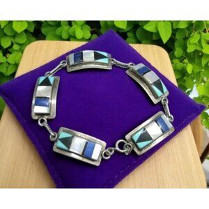 Zuni Edaakie Vtg Sterling Silver Inlaid Turquoise Onyx Mother Of Pearl Bracelet